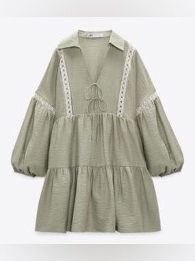 Zara Sage Green Tiered Peasant Mini Dress with Lace Trim